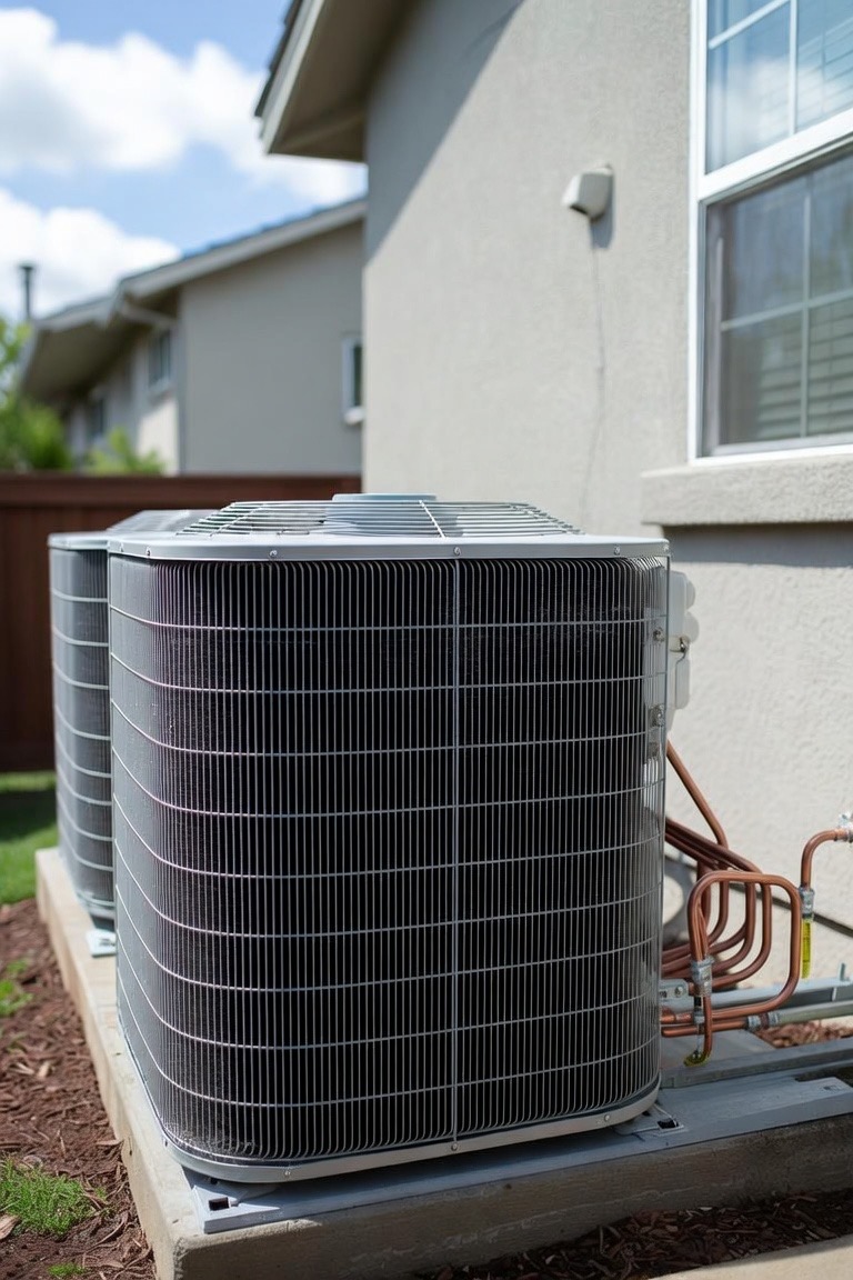 Outdoor central air conditioning condenser unit running next to a residential home