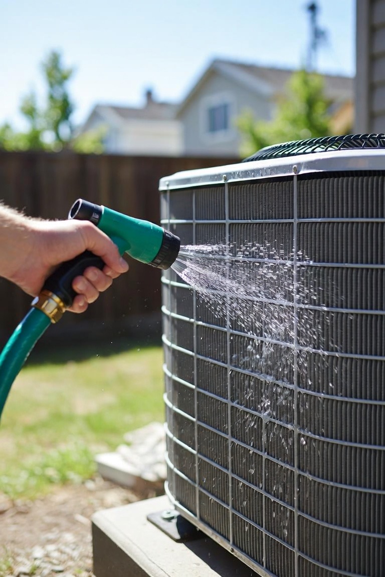 A homeowner gently rinsing an outdoor condenser unit with a garden hose to clear debris
