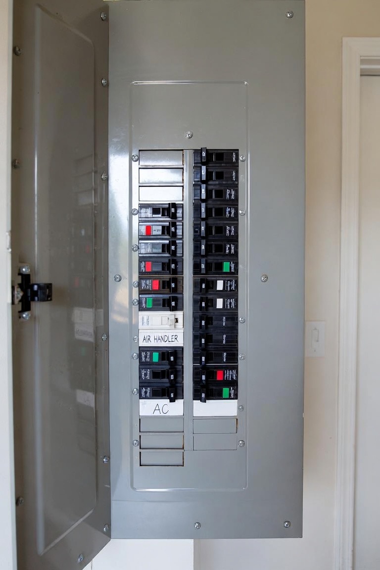 A residential electrical panel with circuit breakers, two of which are labeled for HVAC