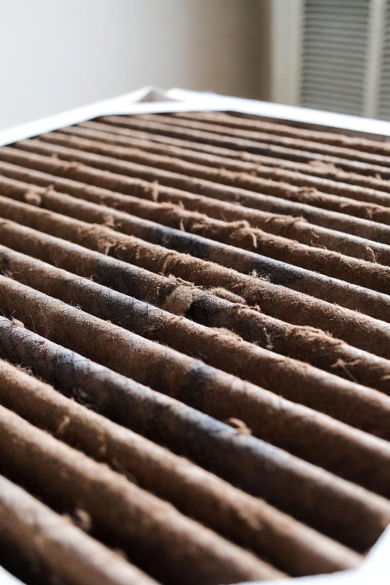 A clogged brown pleated HVAC filter coated in dust and debris