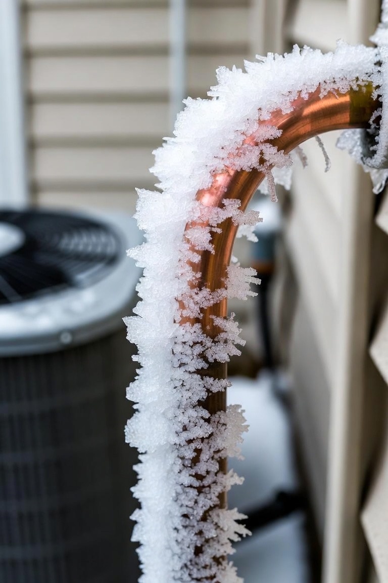 Close-up of an HVAC copper refrigerant line covered in ice and frost from a frozen evaporator coil