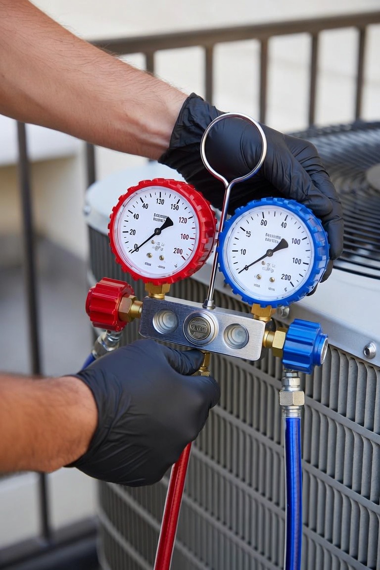 HVAC technician using a manifold gauge set to check refrigerant pressures on a central AC system