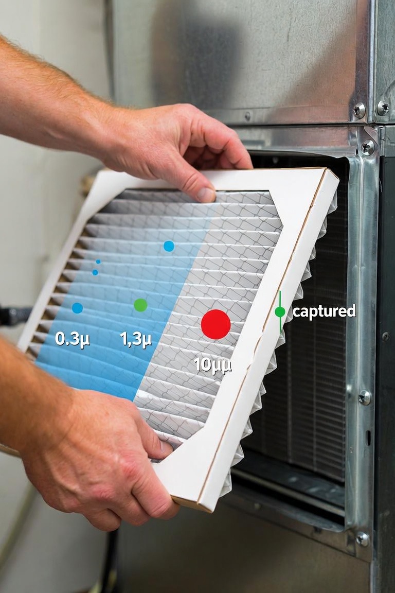 A pleated MERV-rated HVAC filter being held next to a furnace filter slot, with a clean-air illustration overlay