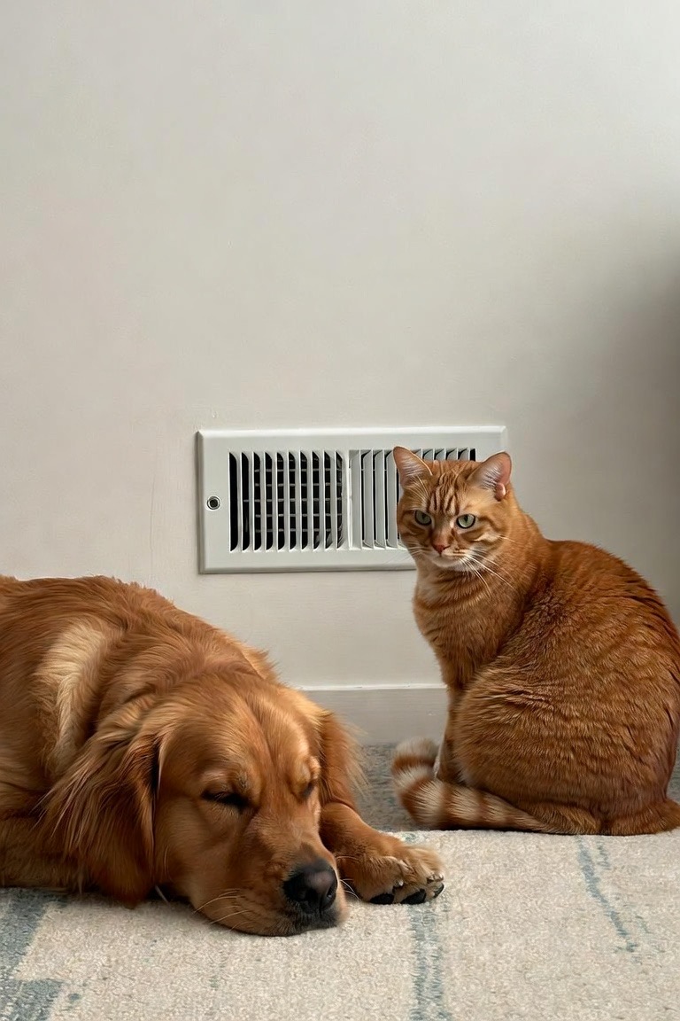 A golden retriever and an orange tabby cat resting in a living room next to a wall-mounted HVAC return vent