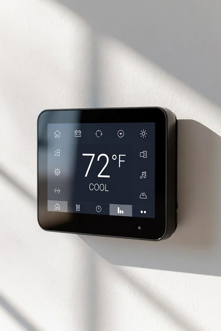 Close-up of a modern smart thermostat mounted on a wall, showing 72°F and a cool setting